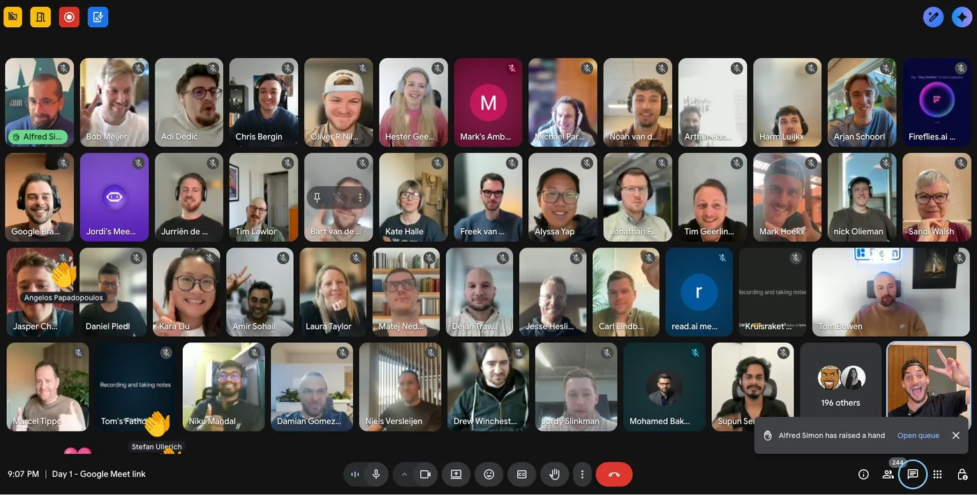 Day 1 of The AI Agent Challenge — a full grid of participants on the live call