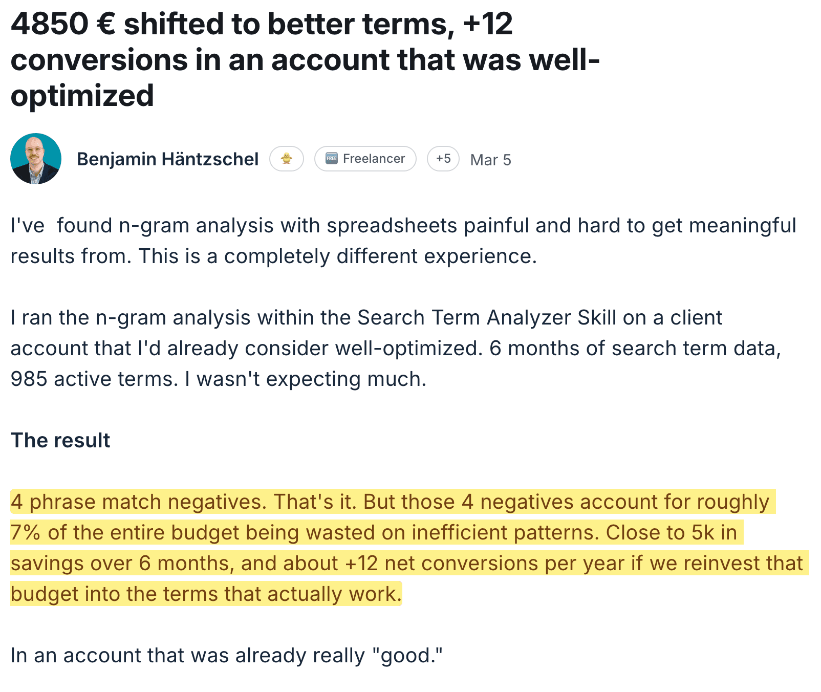 Benjamin — €4,850 shifted to better terms via n-gram analysis