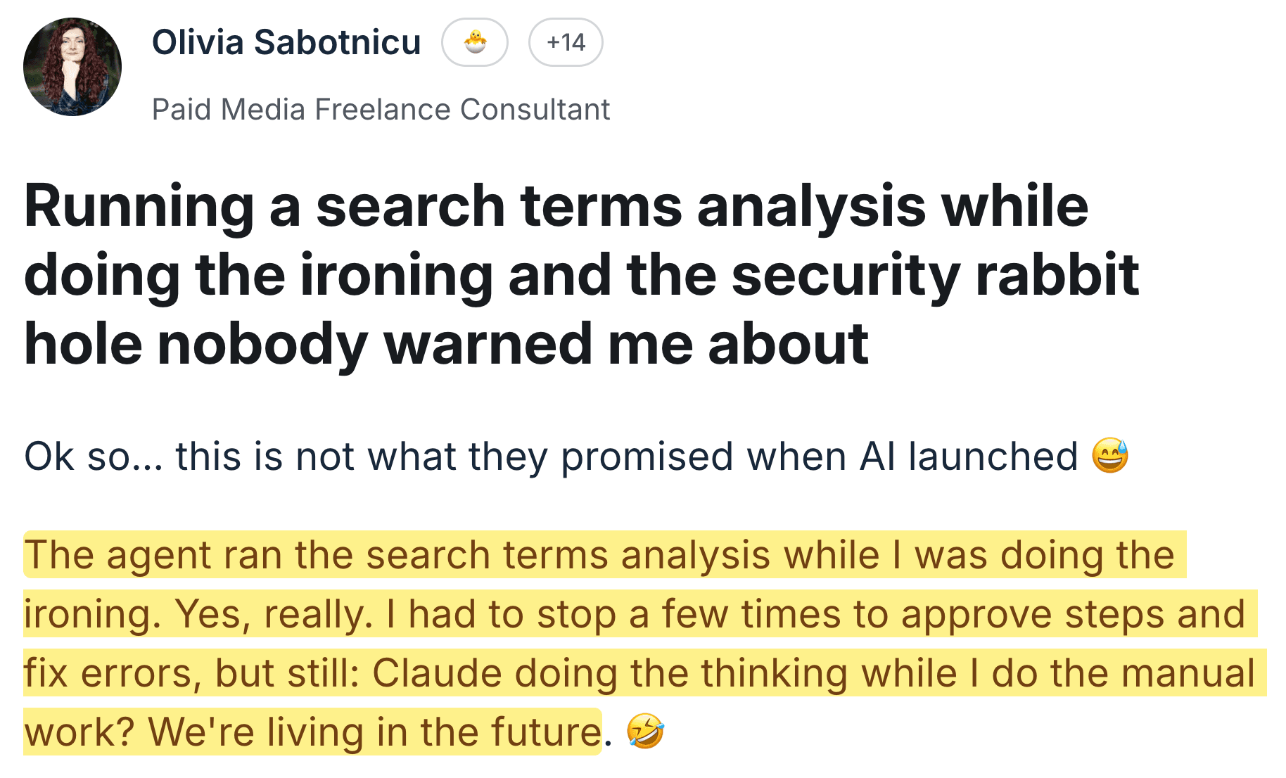 Olivia — search-terms analysis while doing the ironing